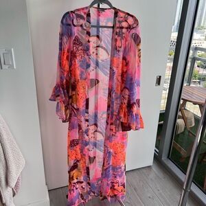 B Fyne Women‎ Multicolor Floral Print Open Front Cover Up Swimwear One Size